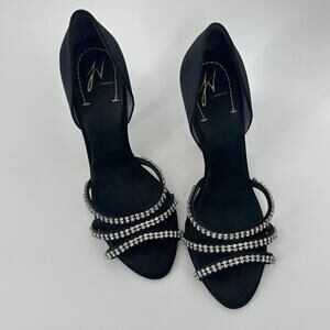 J Vincent Rhinestone Satin Black Heels Size 8